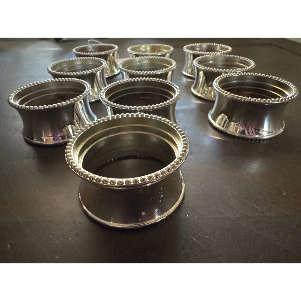 Beaded Elegance Silver Tone Napkin Rings Set of 10 Round Metal